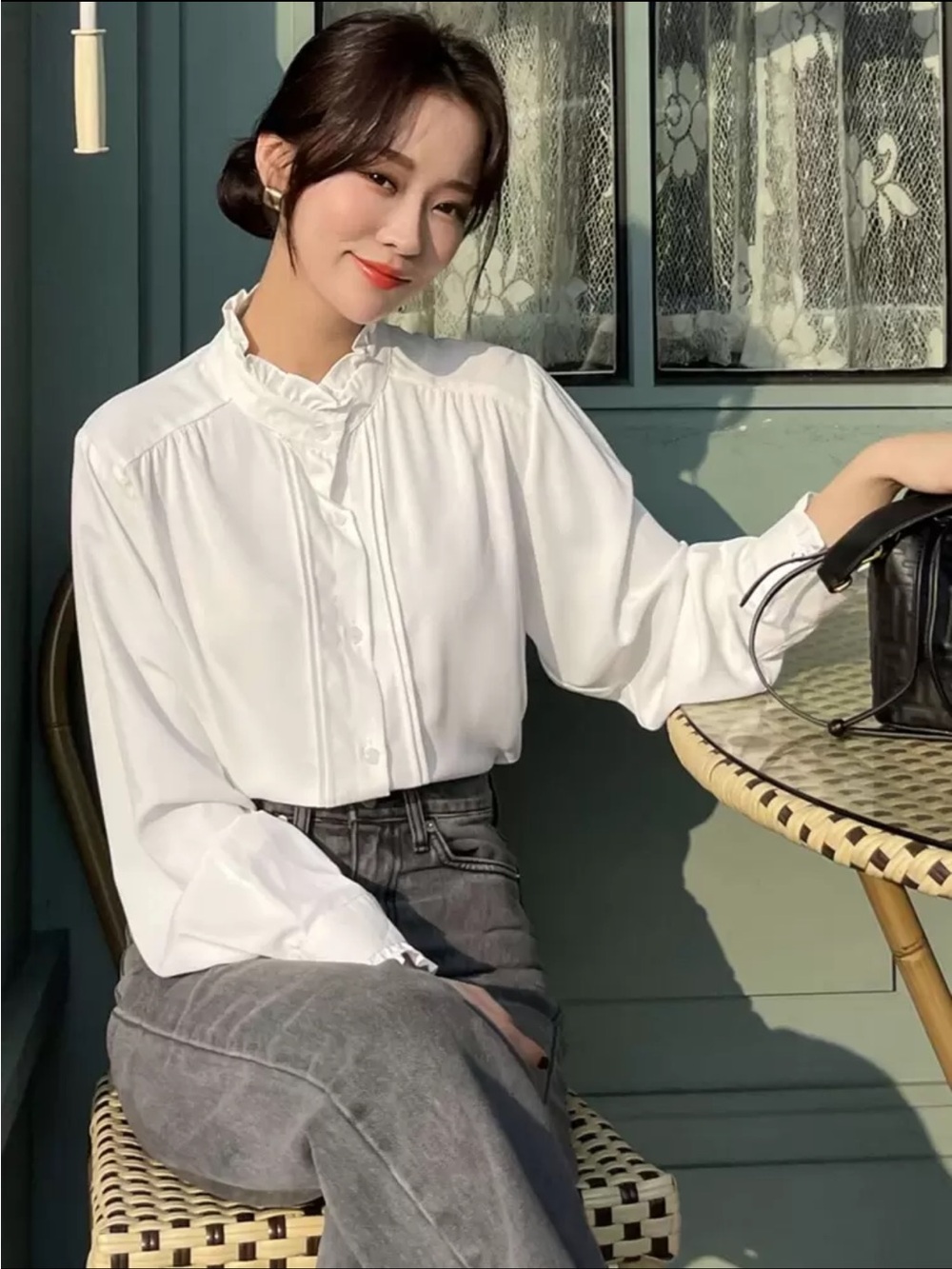 Classic Elegant White Ruffled-Neck Blouse - Women Tops